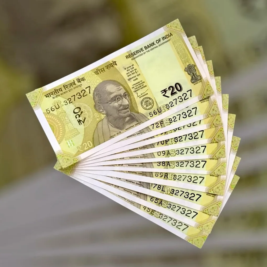 Rs 20 India Bank Note Semi Fancy 10 Note Same Number Sets 327327 Unique and Rare