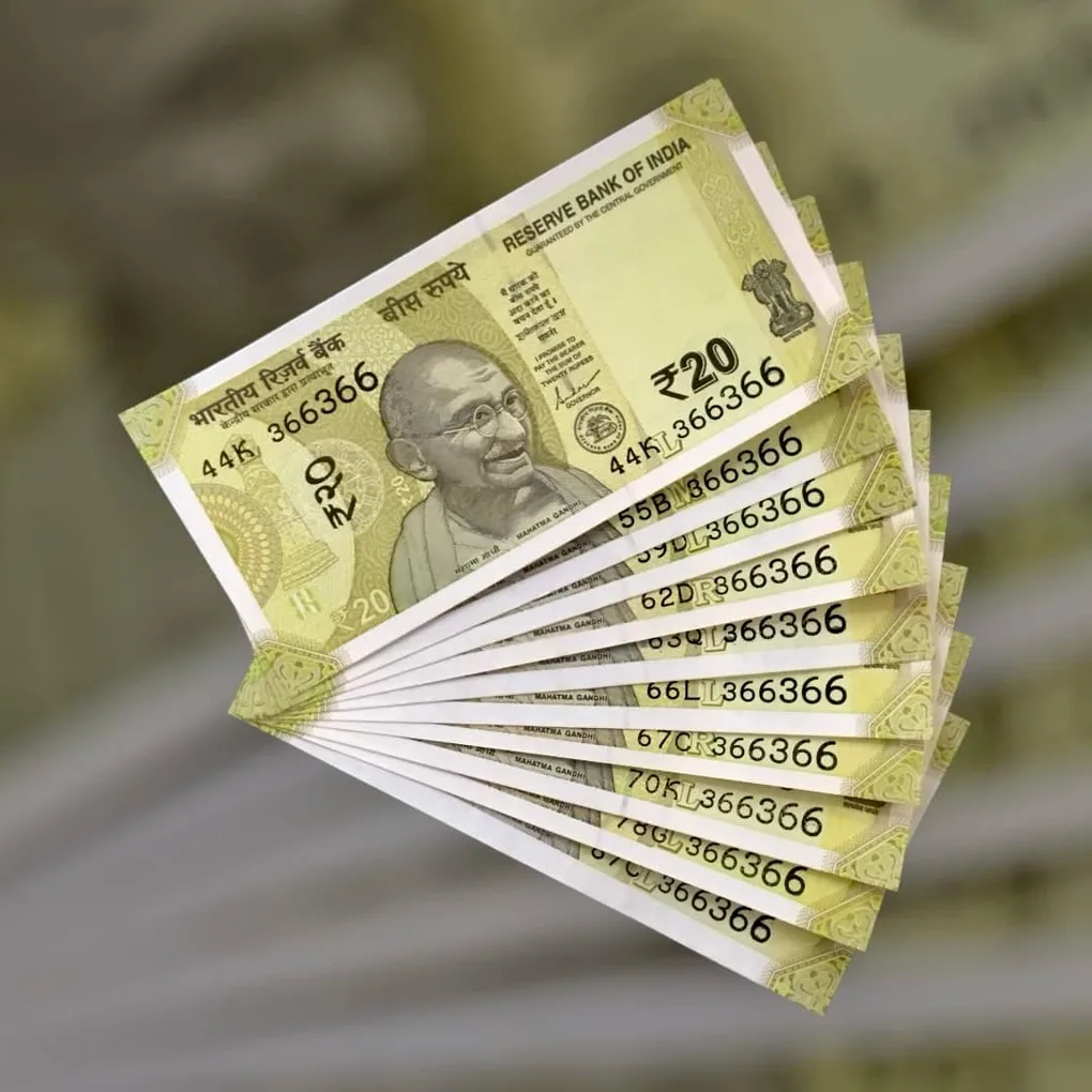 Rs 20 India Bank Note Semi Fancy 10 Note Same Number Sets 366366 Unique and Rare