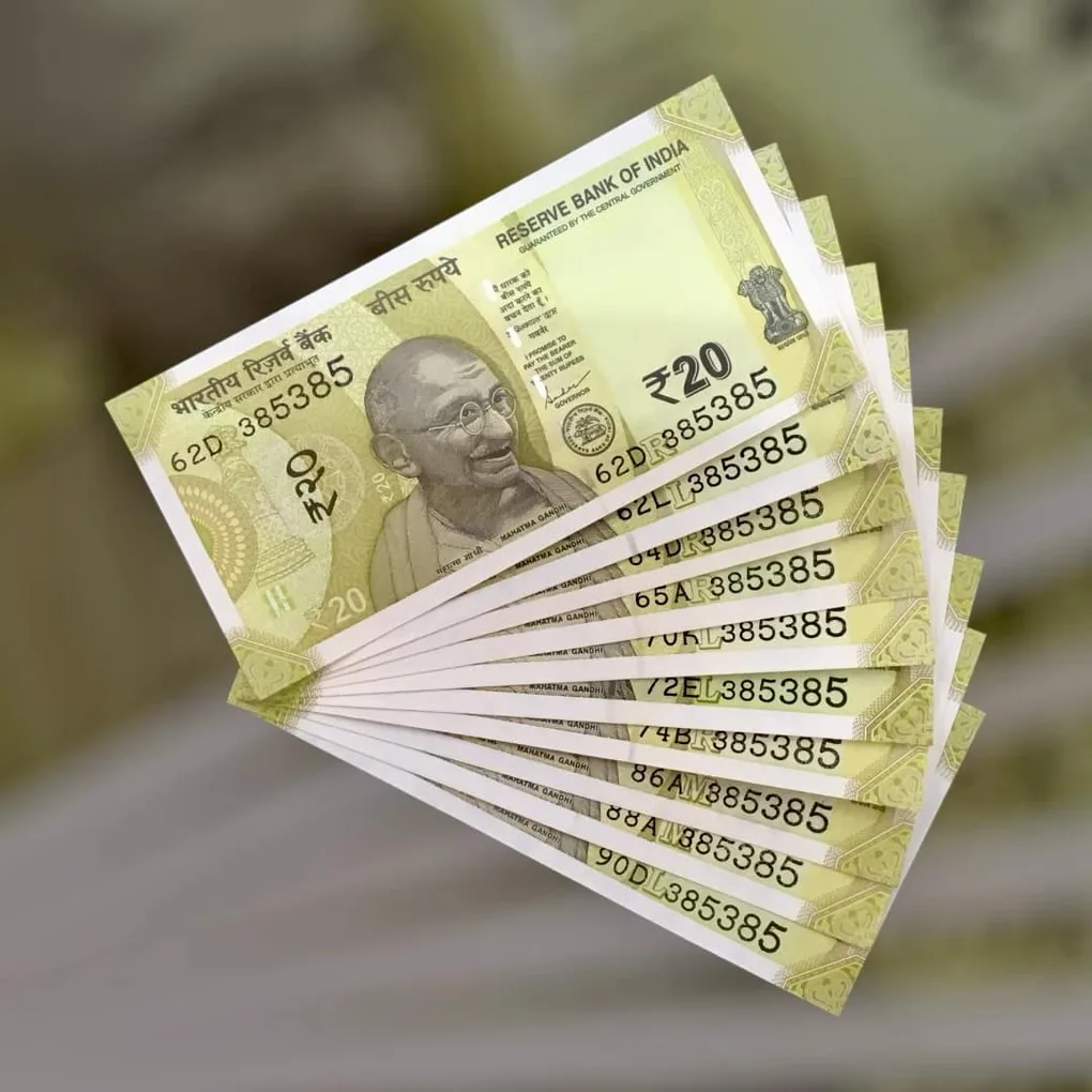 Rs 20 India Bank Note Semi Fancy 10 Note Same Number Sets 385385 Unique and Rare