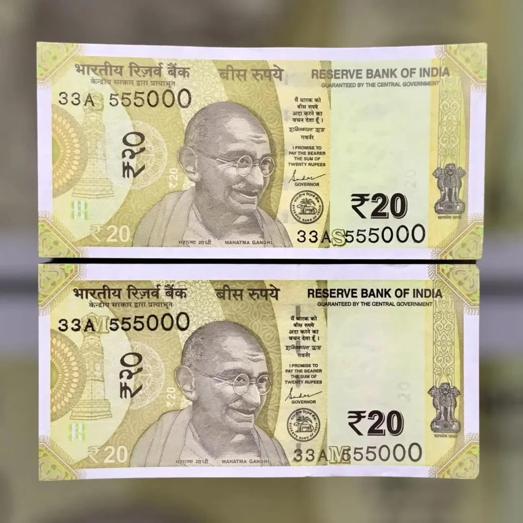 Rs 20 India Banknote Semi Fancy Twin Set 33A 555000 Unique and Rare