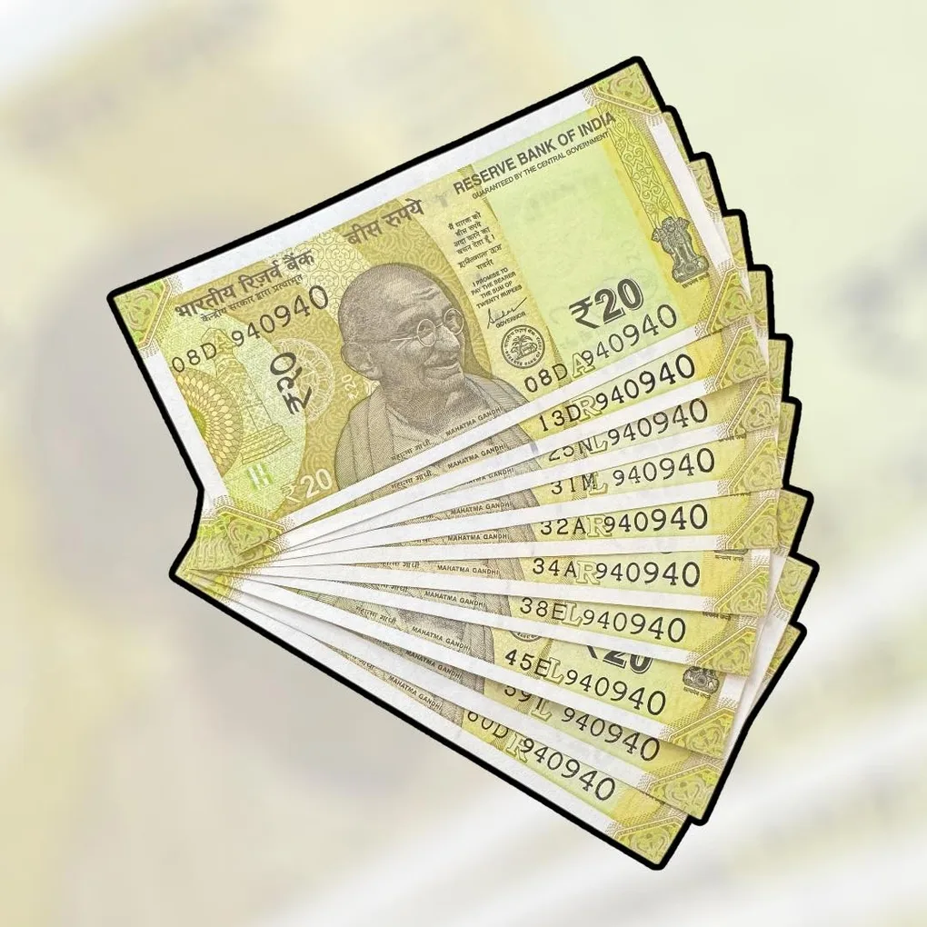 Rs 20 India Bank Note Semi Fancy 10 Note Same Number Sets 940940 Unique and Rare