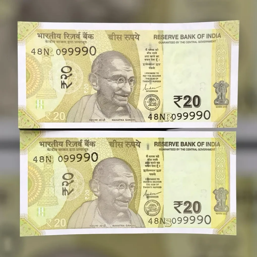 Rs 20 India Banknote Semi Fancy Twin Set 48N 099990 Unique and Rare