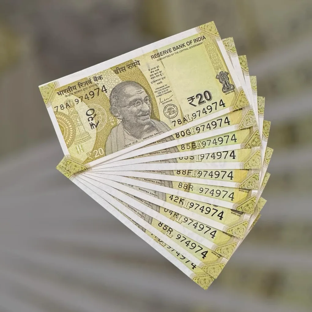 Rs 20 India Bank Note Semi Fancy 10 Note Same Number Sets 974974 Unique and Rare