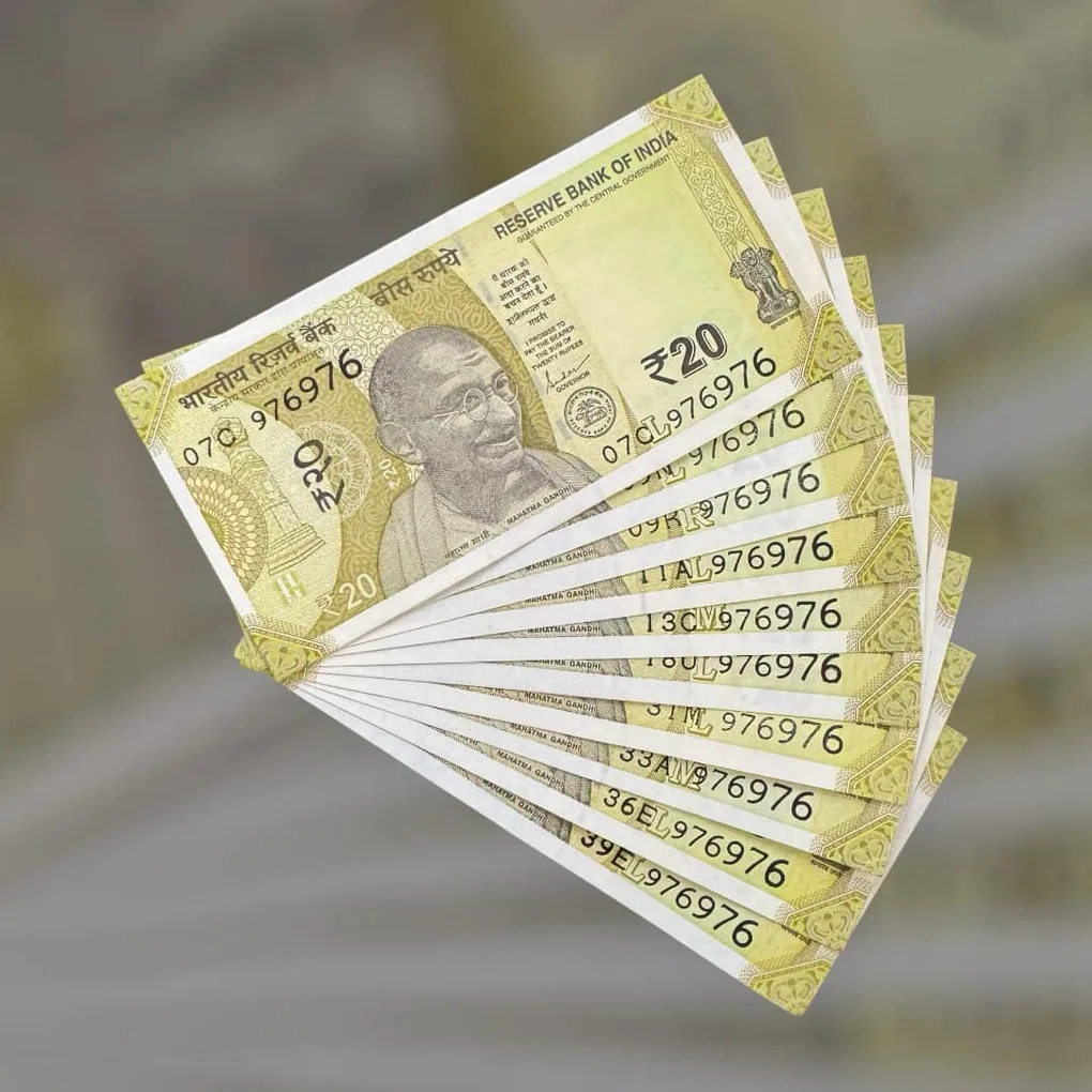 Rs 20 India Bank Note Semi Fancy 10 Note Same Number Sets 976976 Unique and Rare