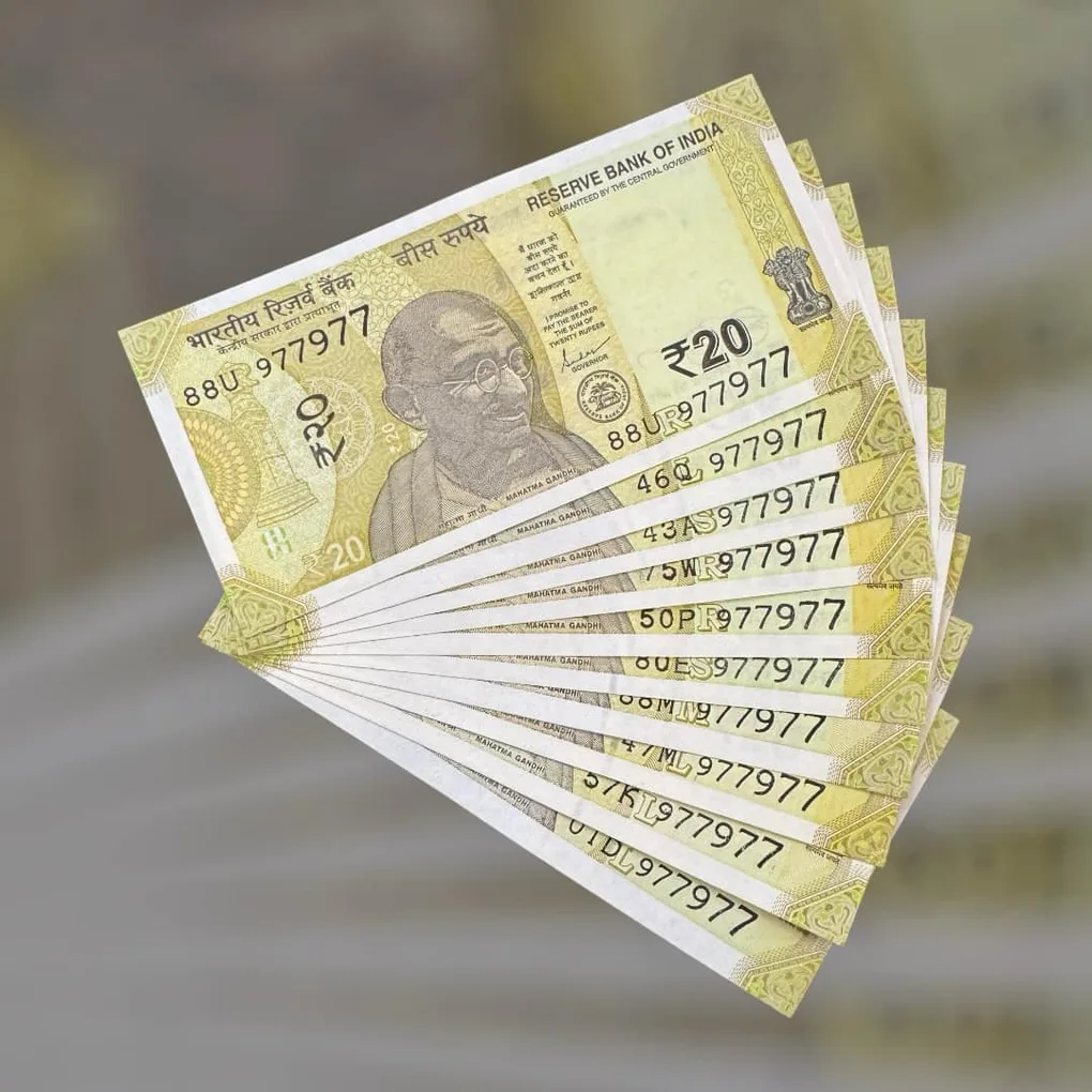Rs 20 India Bank Note Semi Fancy 10 Note Same Number Sets 977977 Unique and Rare