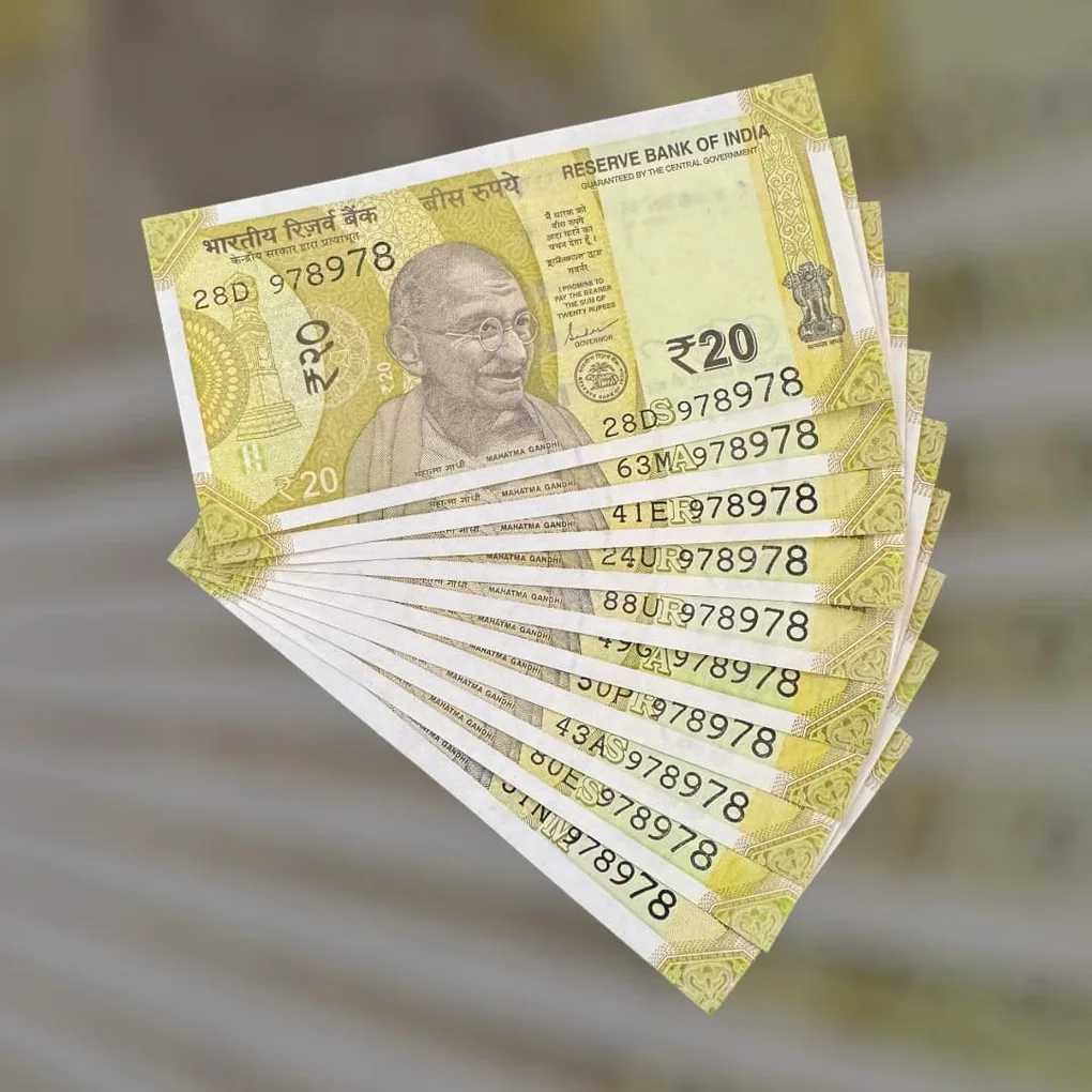 Rs 20 India Bank Note Semi Fancy 10 Note Same Number Sets 978978 Unique and Rare