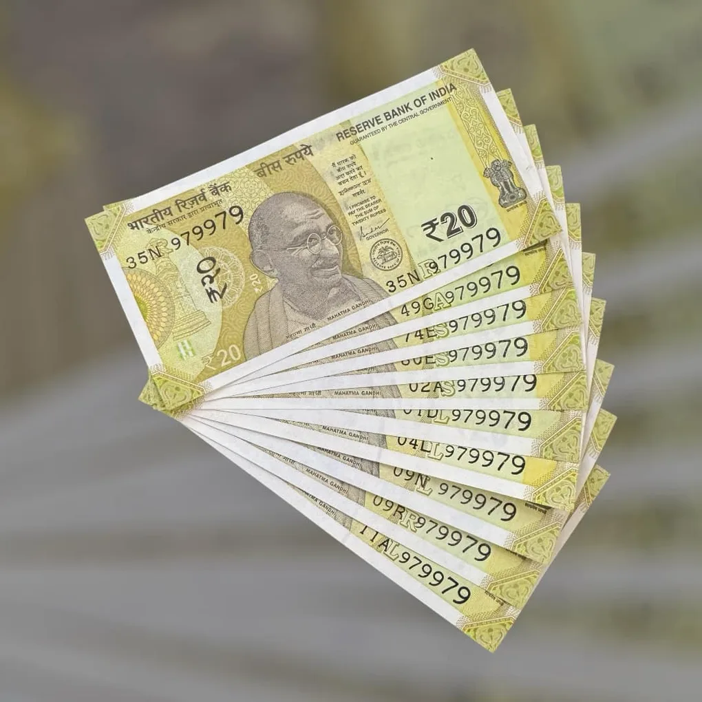 Rs 20 India Bank Note Semi Fancy 10 Note Same Number Sets 979979 Unique and Rare