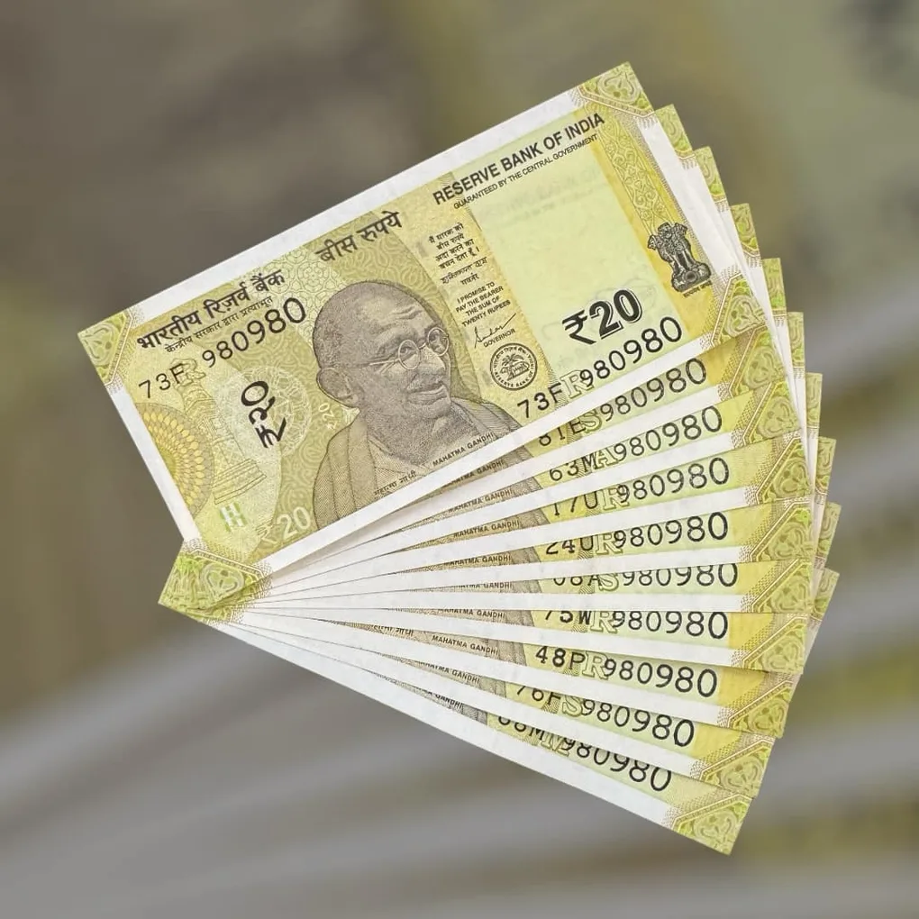 Rs 20 India Bank Note Semi Fancy 10 Note Same Number Sets 980980 Unique and Rare