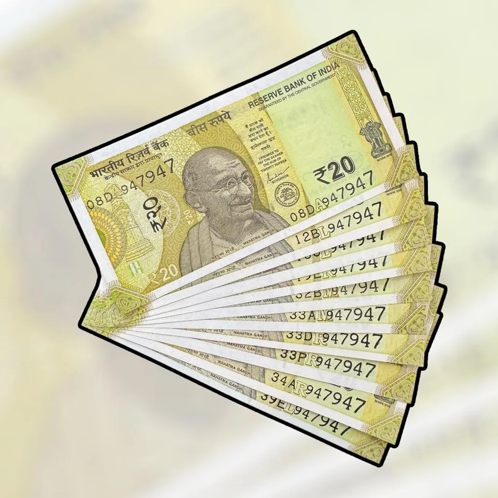 Rs 20 India Bank Note Semi Fancy 10 Note Same Number Sets 947947 Unique and Rare