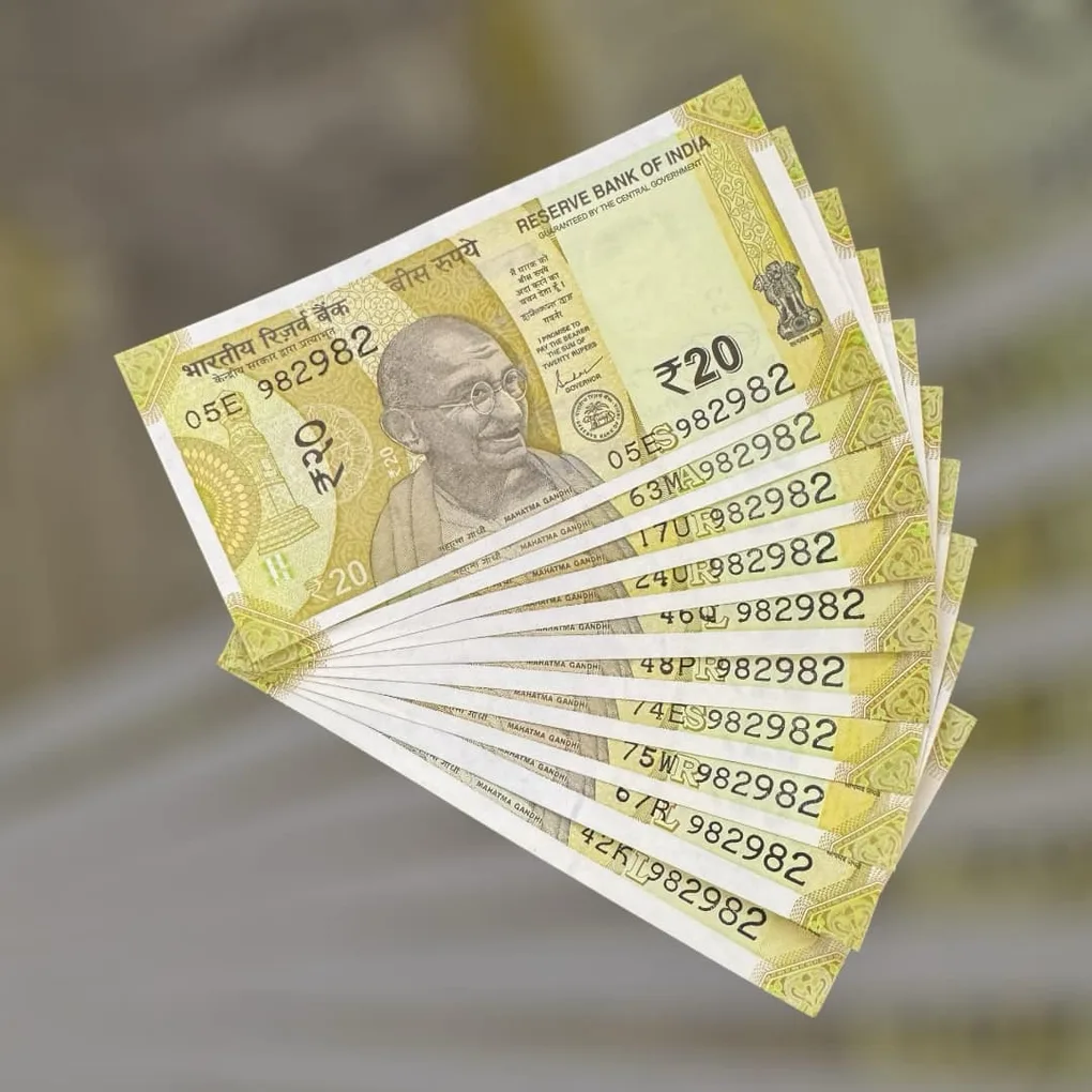 Rs 20 India Bank Note Semi Fancy 10 Note Same Number Sets 982982 Unique and Rare