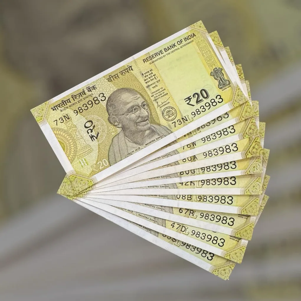 Rs 20 India Bank Note Semi Fancy 10 Note Same Number Sets 983983 Unique and Rare