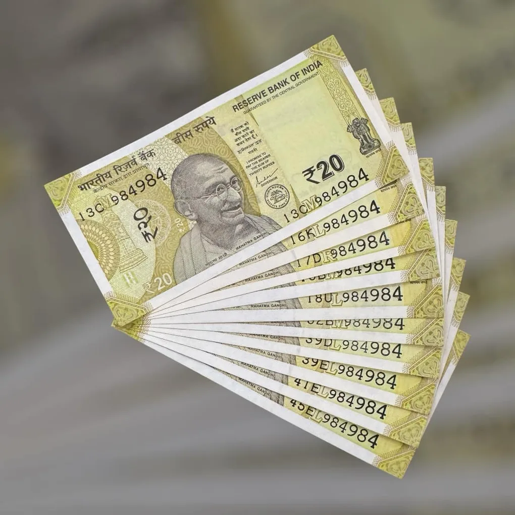 Rs 20 India Bank Note Semi Fancy 10 Note Same Number Sets 984984 Unique and Rare