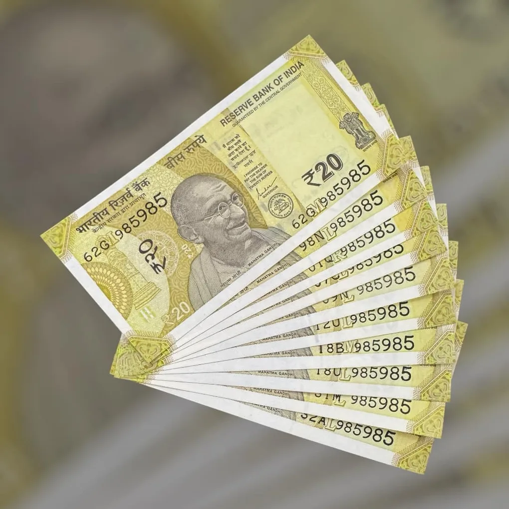 Rs 20 India Bank Note Semi Fancy 10 Note Same Number Sets 985985 Unique and Rare