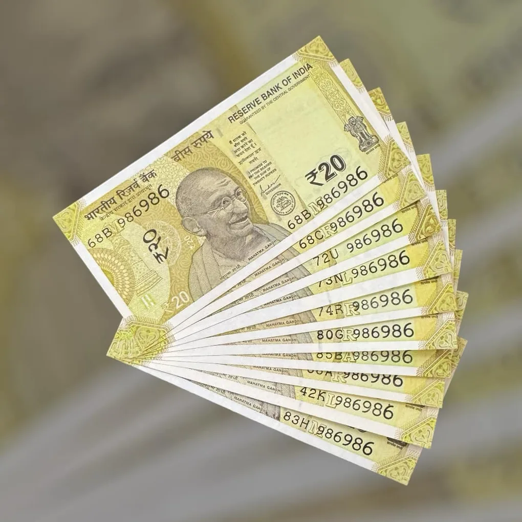 Rs 20 India Bank Note Semi Fancy 10 Note Same Number Sets 986986 Unique and Rare