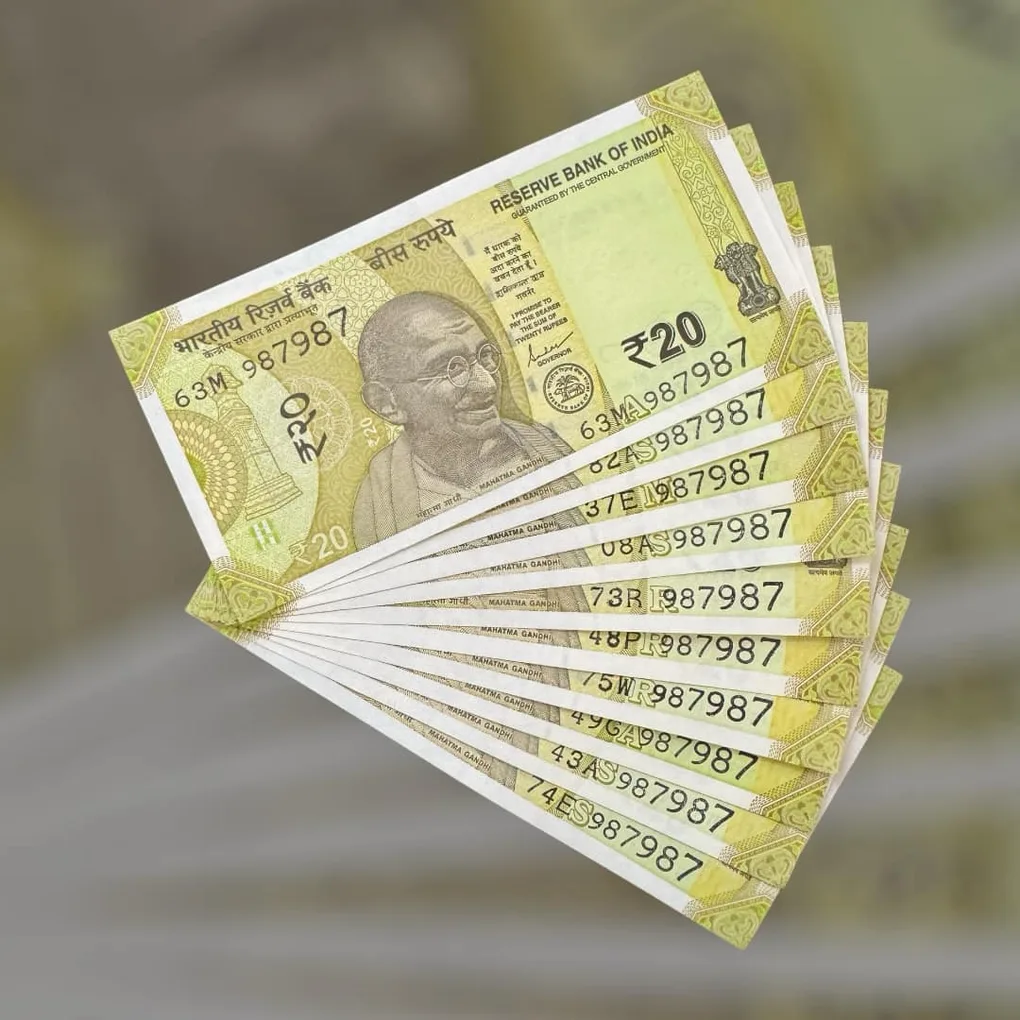 Rs 20 India Bank Note Semi Fancy 10 Note Same Number Sets 987987 Unique and Rare