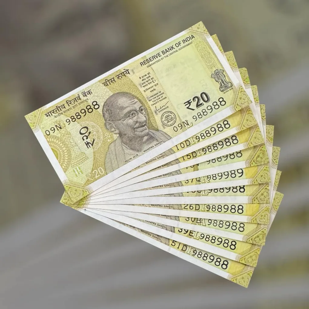 Rs 20 India Bank Note Semi Fancy 10 Note Same Number Sets 988988 Unique and Rare