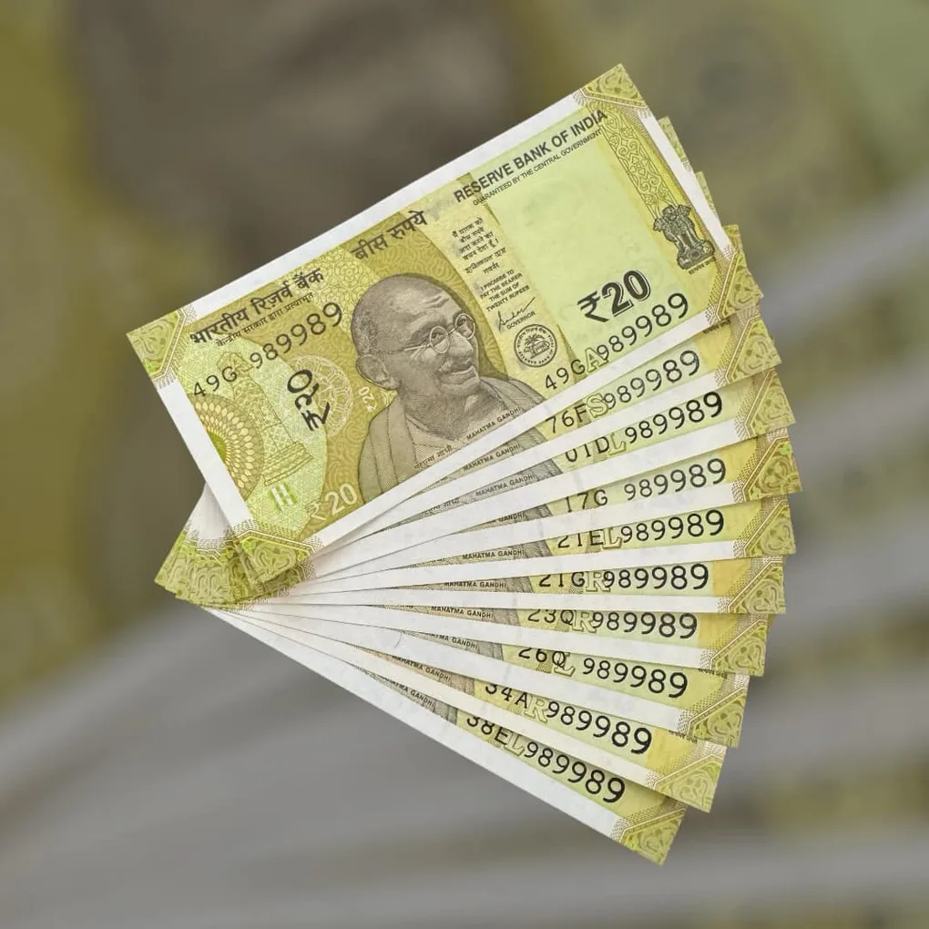 Rs 20 India Bank Note Semi Fancy 10 Note Same Number Sets 989989 Unique and Rare
