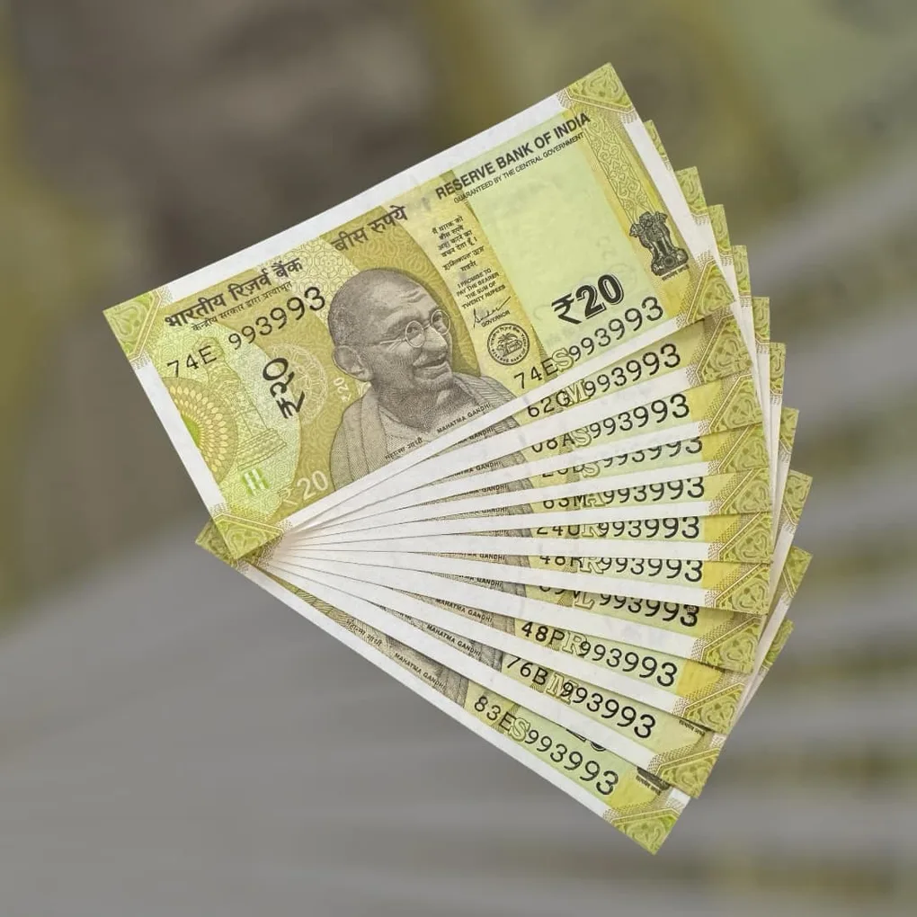 Rs 20 India Bank Note Semi Fancy 10 Note Same Number Sets 993993 Unique and Rare