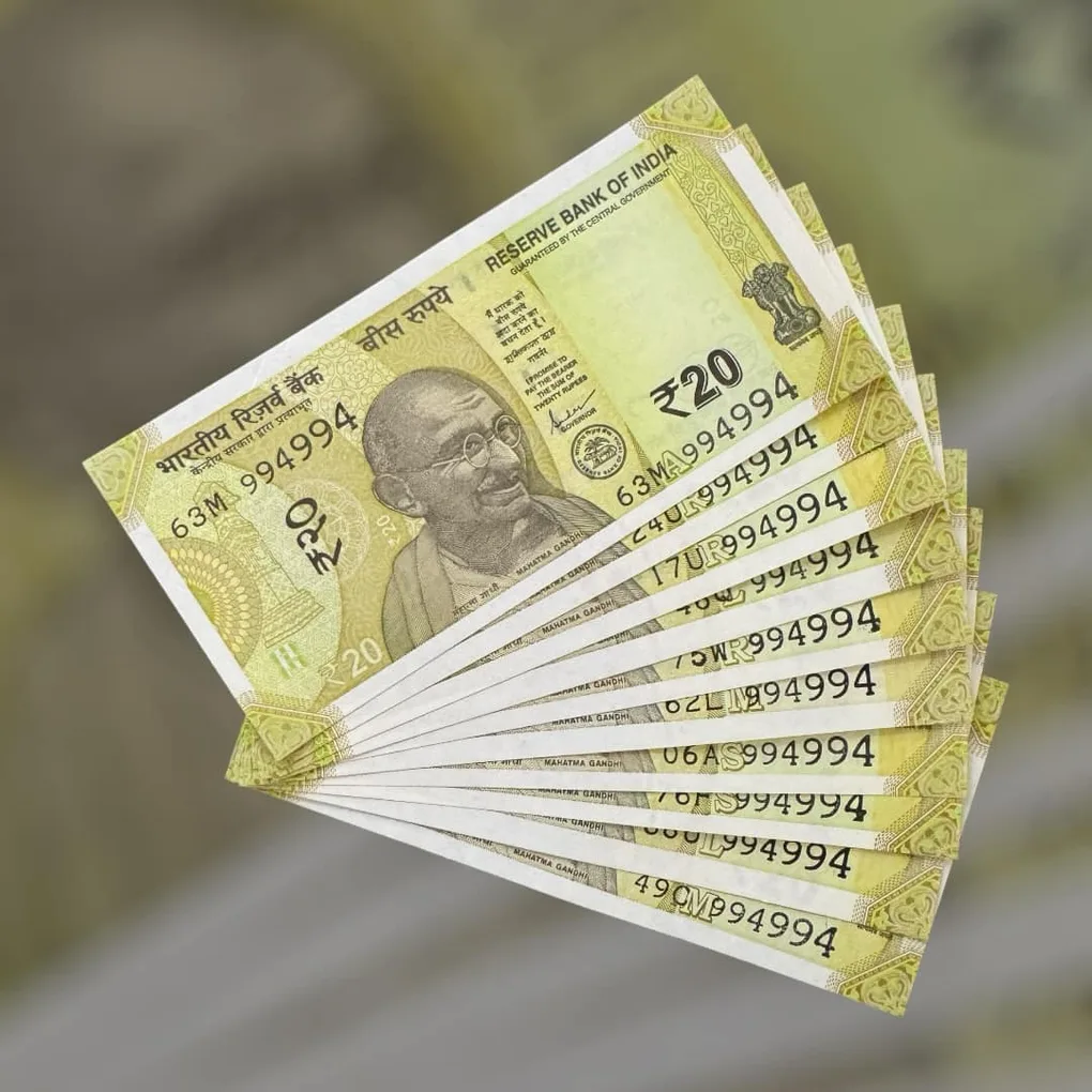 Rs 20 India Bank Note Semi Fancy 10 Note Same Number Sets 994994 Unique and Rare