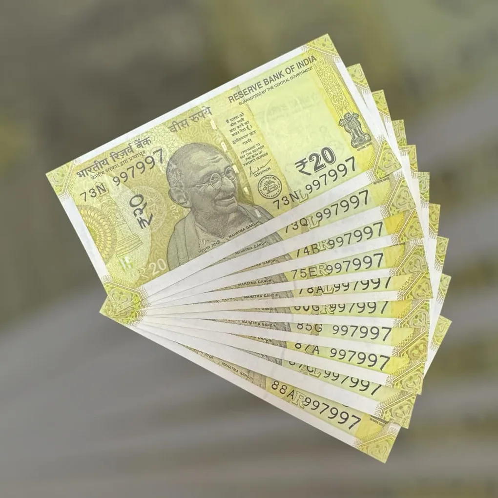 Rs 20 India Bank Note Semi Fancy 10 Note Same Number Sets 997997 Unique and Rare