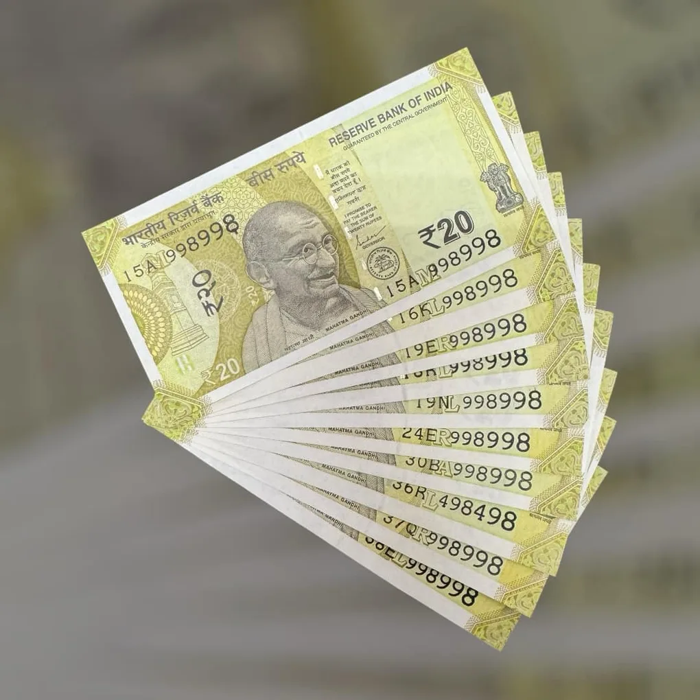 Rs 20 India Bank Note Semi Fancy 10 Note Same Number Sets 998998 Unique and Rare