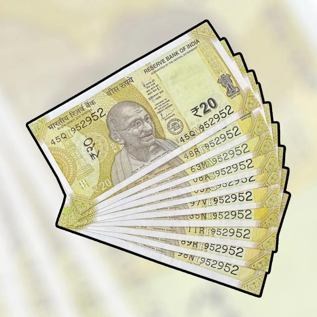 Rs 20 India Bank Note Semi Fancy 10 Note Same Number Sets 952952 Unique and Rare