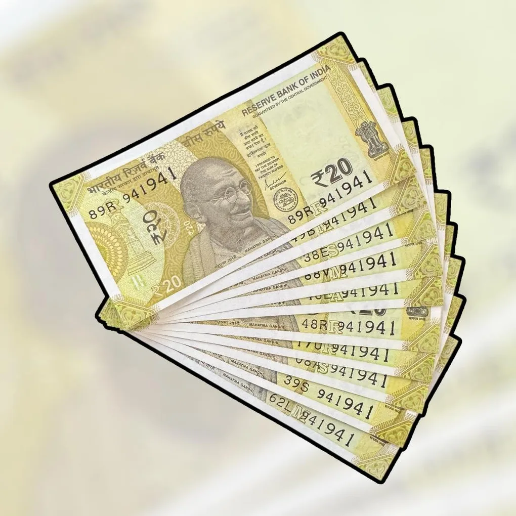 Rs 20 India Bank Note Semi Fancy 10 Note Same Number Sets 941941 Unique and Rare