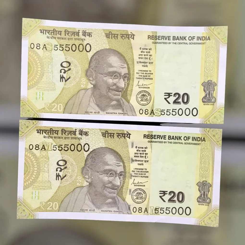 Rs 20 India Banknote Semi Fancy Twin Set 08A 555000 Unique and Rare