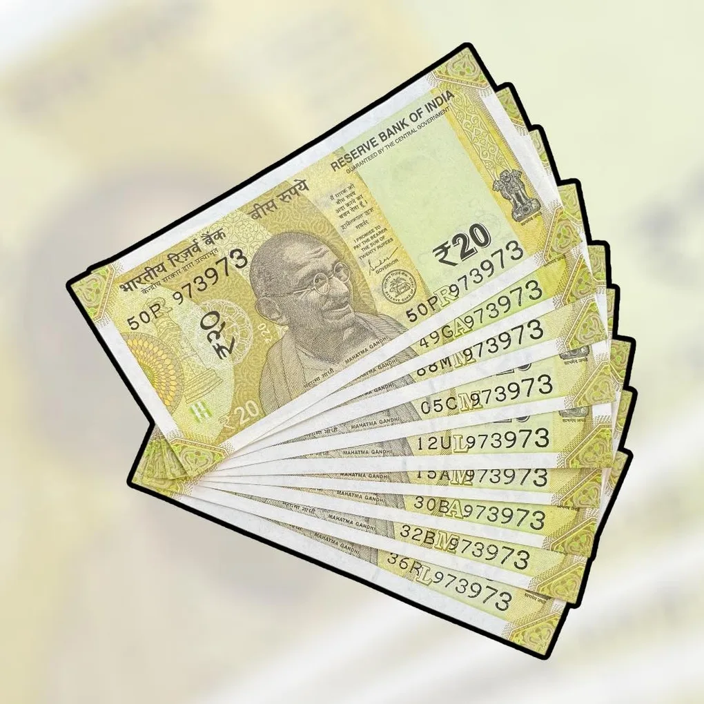Rs 20 India Bank Note Semi Fancy 10 Note Same Number Sets 973973 Unique and Rare