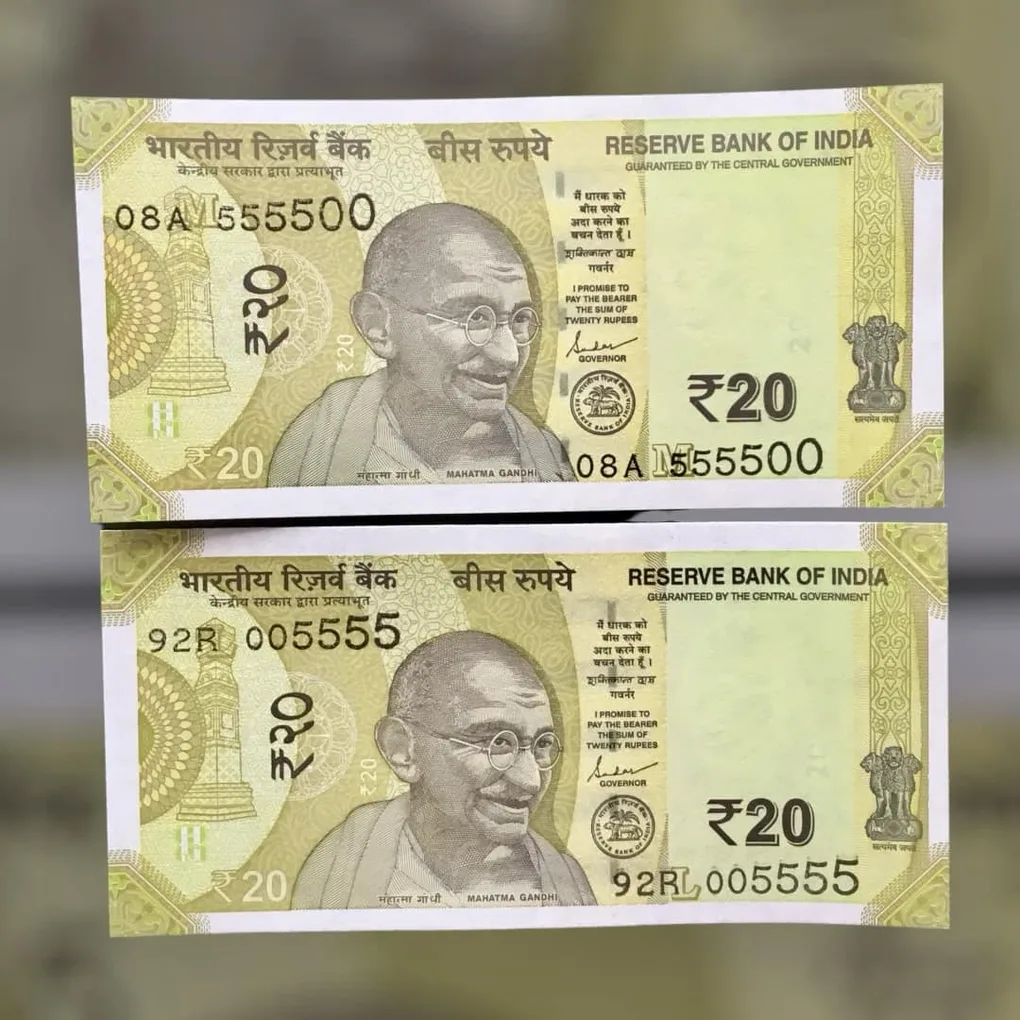 Rs 20 India Banknote Semi Fancy Twin Set 08A 005555 Unique and Rare