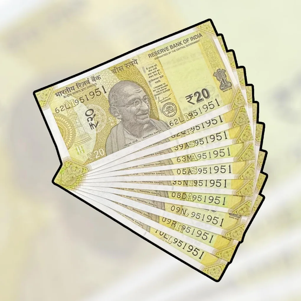 Rs 20 India Bank Note Semi Fancy 10 Note Same Number Sets 951951 Unique and Rare