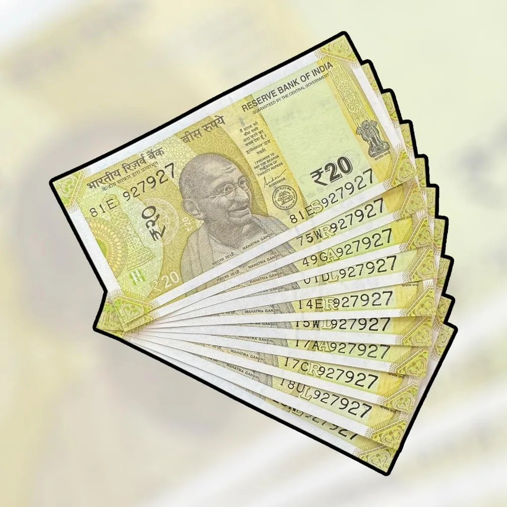 Rs 20 India Bank Note Semi Fancy 10 Note Same Number Sets 927927 Unique and Rare