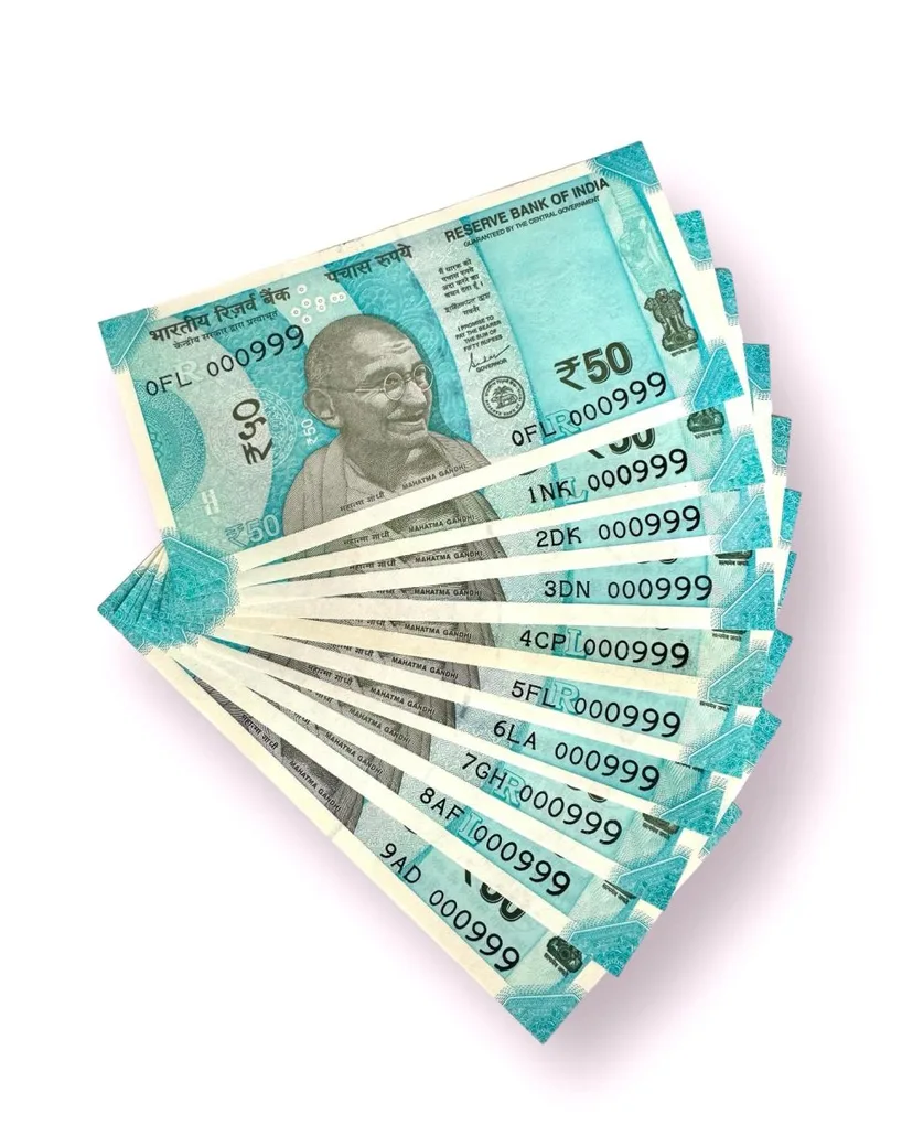 Rs 50/- India Bank Note Semi Fancy 10 Note Same Number Set 000999 Unique and Rare
