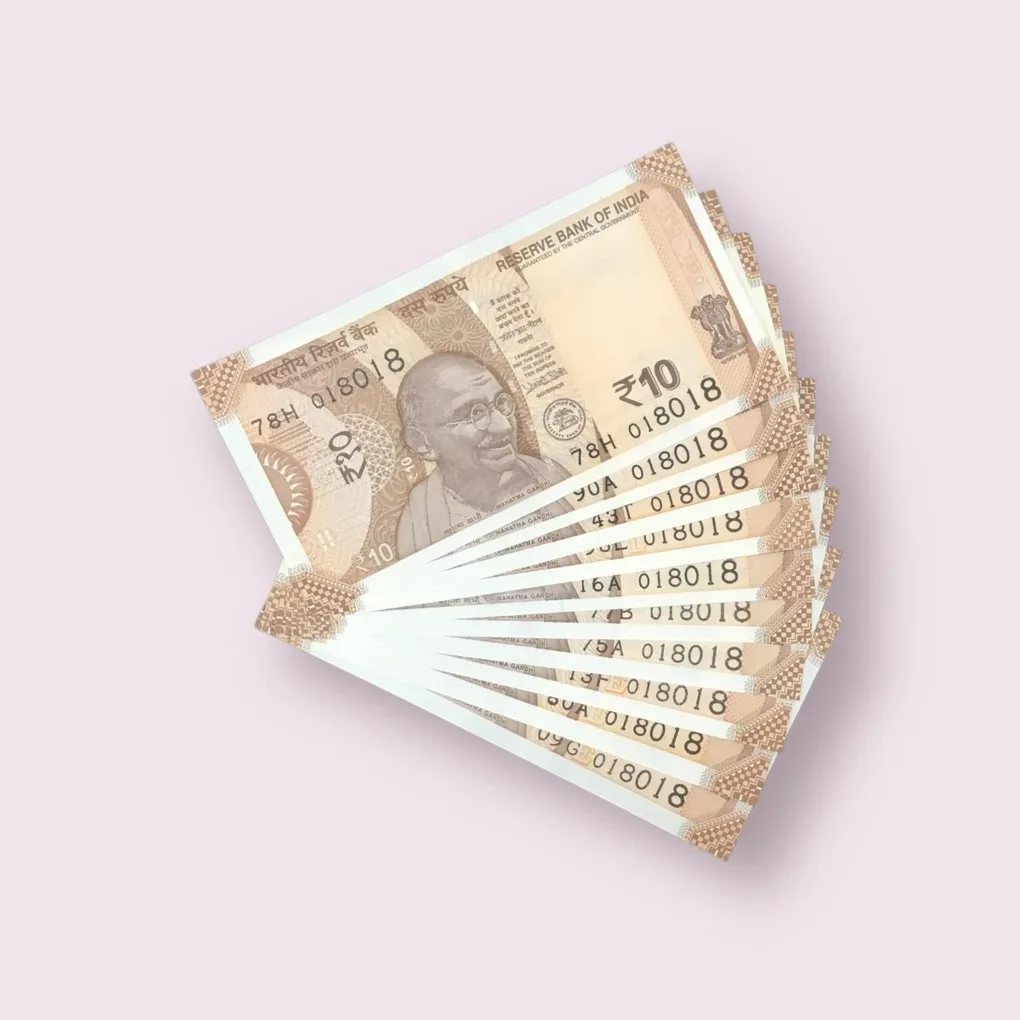 Rs 10/- India Bank Note Semi Fancy 10 Note Same Number Set 018018 Unique and Rare