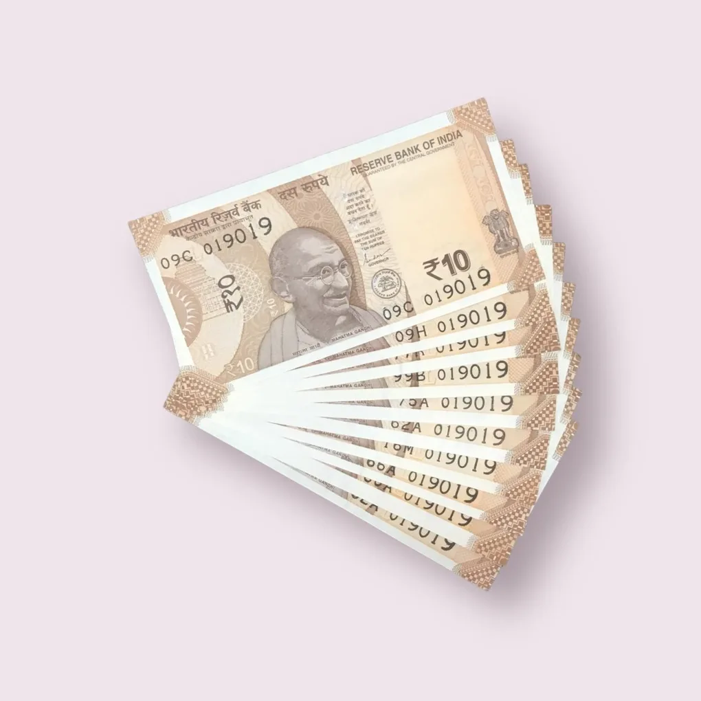 Rs 10/- India Bank Note Semi Fancy 10 Note Same Number Set 019019 Unique and Rare