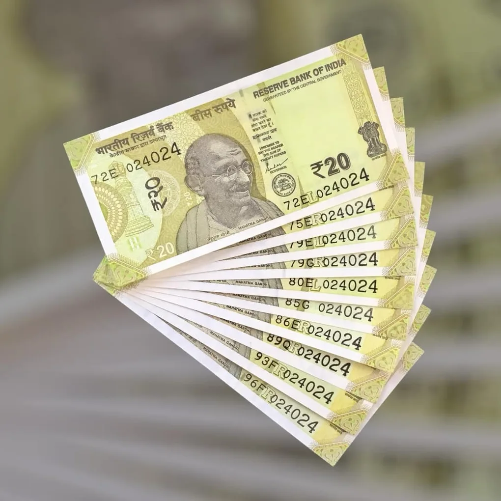 Rs 20 India Bank Note Semi Fancy 10 Note Same Number Sets 024024 Unique and Rare