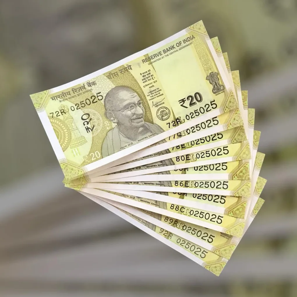 Rs 20 India Bank Note Semi Fancy 10 Note Same Number Sets 025025 Unique and Rare
