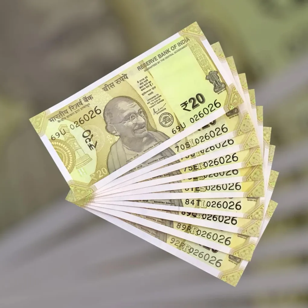 Rs 20 India Bank Note Semi Fancy 10 Note Same Number Sets 026026 Unique and Rare