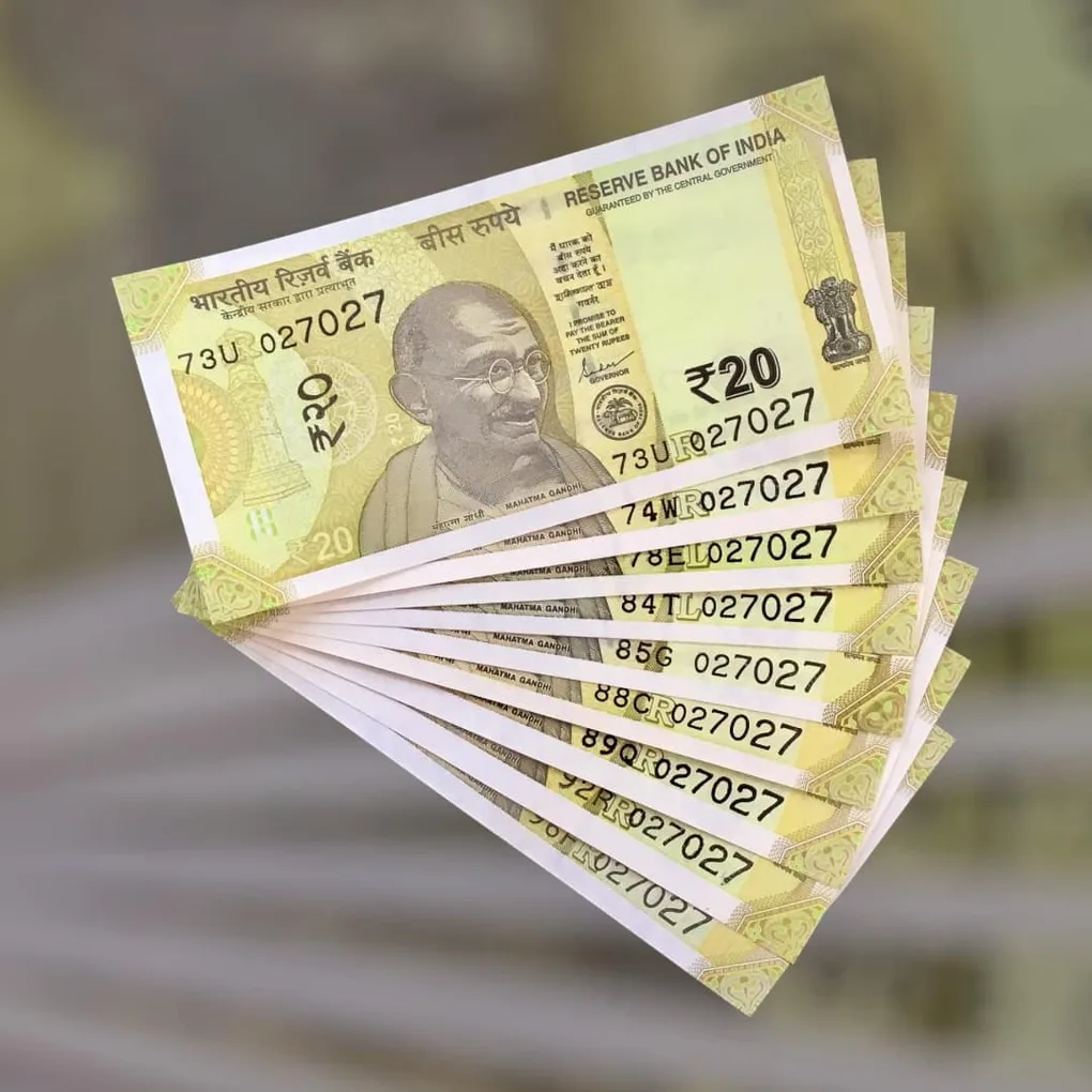 Rs 20 India Bank Note Semi Fancy 10 Note Same Number Sets 027027 Unique and Rare