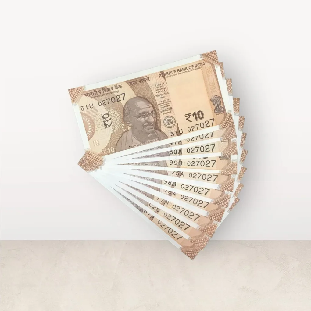 Rs 10/- India Bank Note Semi Fancy 10 Note Same Number Set 027027 Unique and Rare