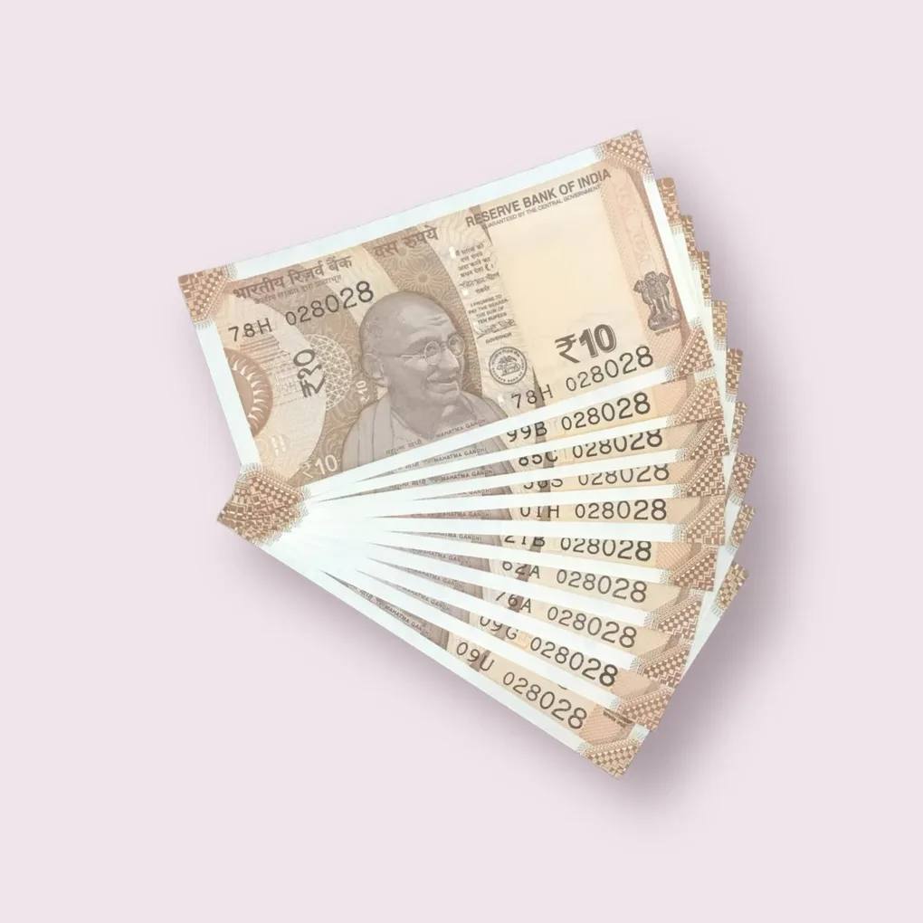 Rs 10/- India Bank Note Semi Fancy 10 Note Same Number Set 028028 Unique and Rare