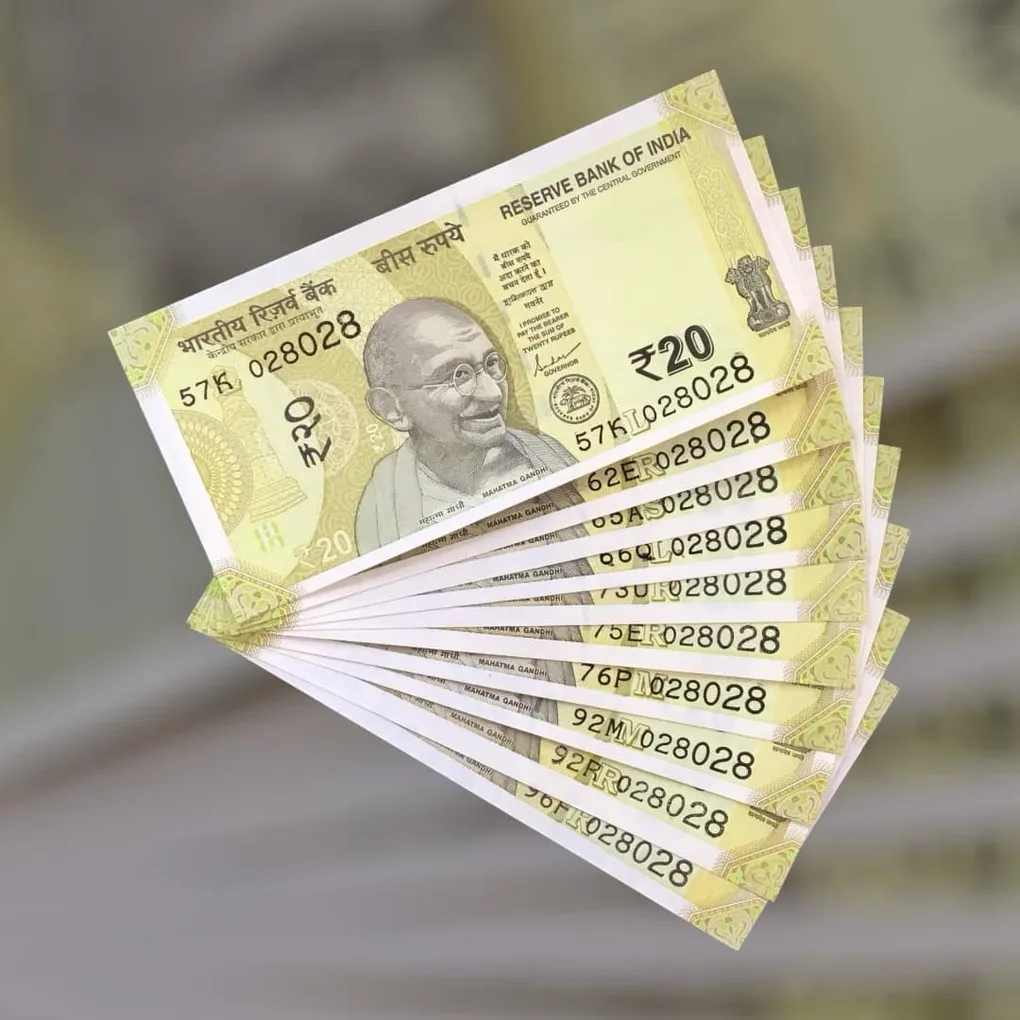 Rs 20 India Bank Note Semi Fancy 10 Note Same Number Sets 028028 Unique and Rare
