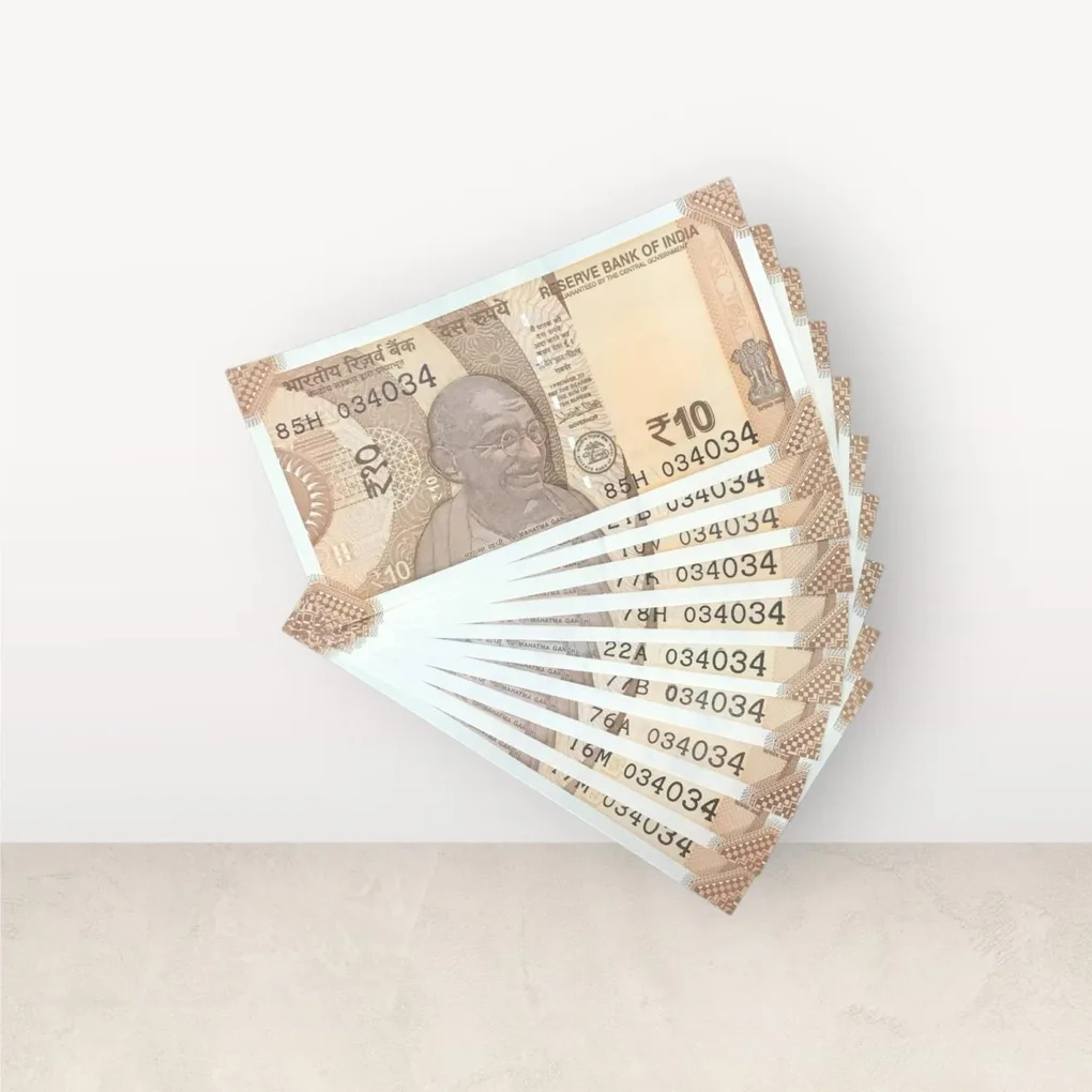 Rs 10/- India Bank Note Semi Fancy 10 Note Same Number Set 034034 Unique and Rare