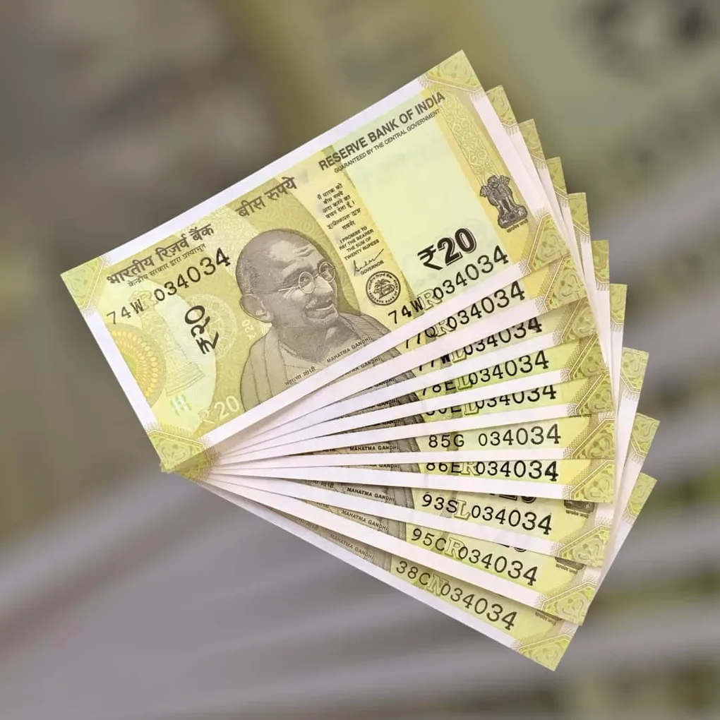 Rs 20 India Bank Note Semi Fancy 10 Note Same Number Sets 034034 Unique and Rare