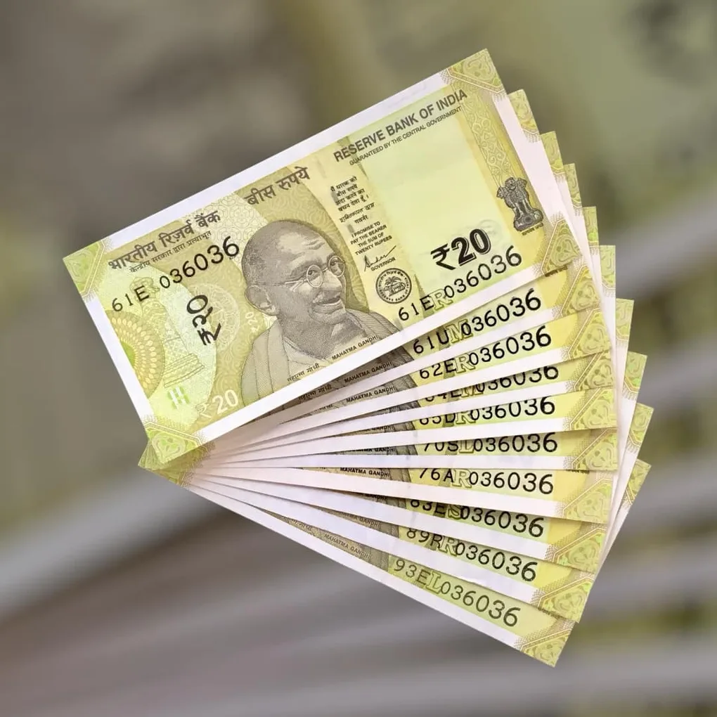 Rs 20 India Bank Note Semi Fancy 10 Note Same Number Sets 036036 Unique and Rare