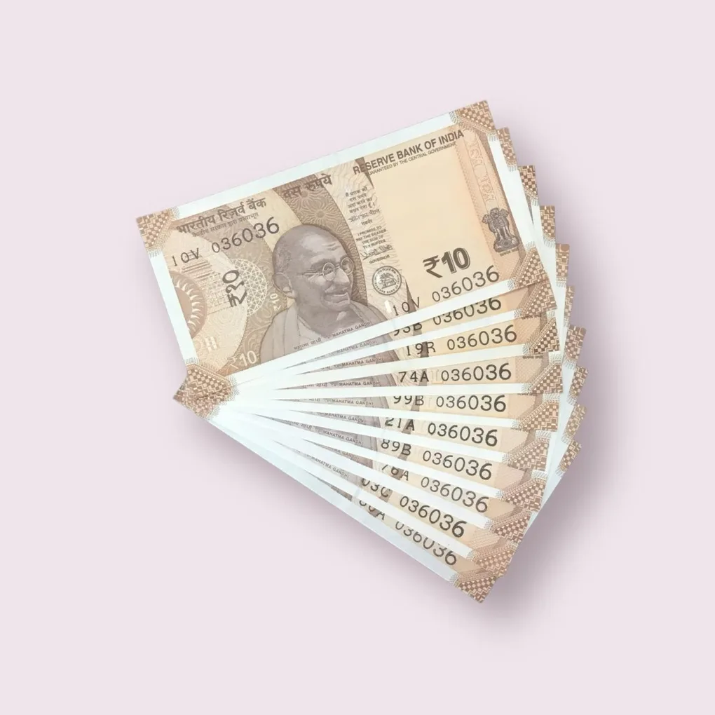Rs 10/- India Bank Note Semi Fancy 10 Note Same Number Set 036036 Unique and Rare