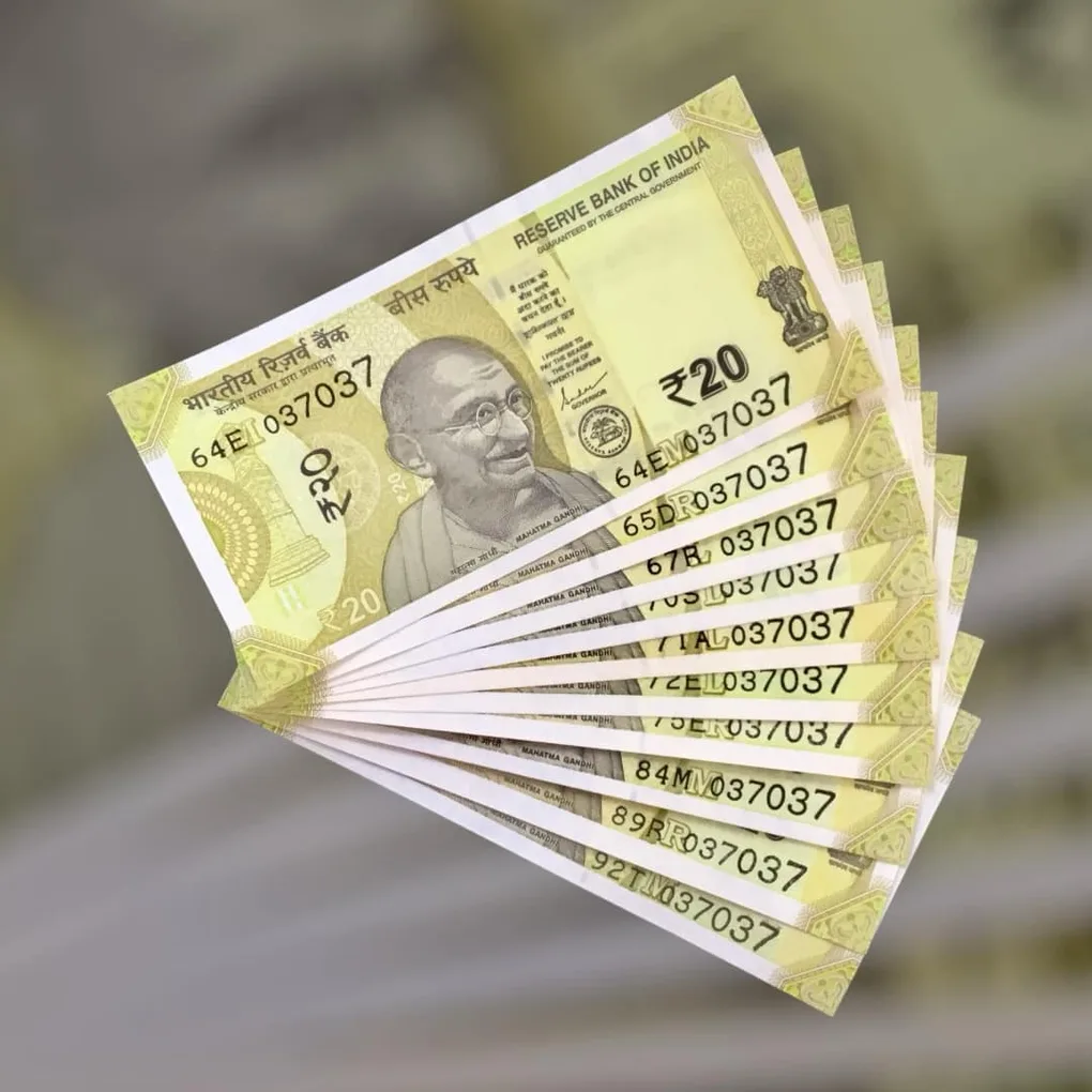 Rs 20 India Bank Note Semi Fancy 10 Note Same Number Sets 037037 Unique and Rare