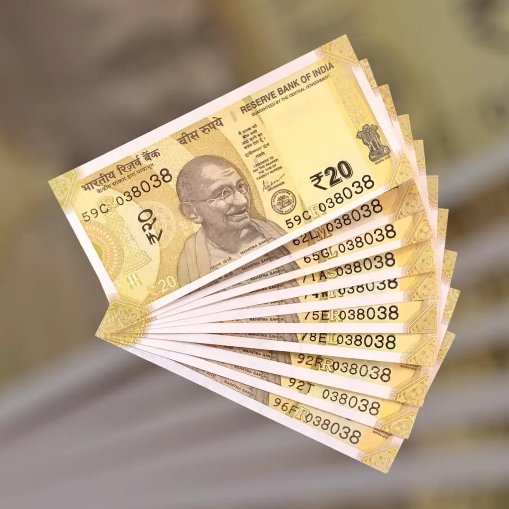 Rs 20 India Bank Note Semi Fancy 10 Note Same Number Sets 038038 Unique and Rare