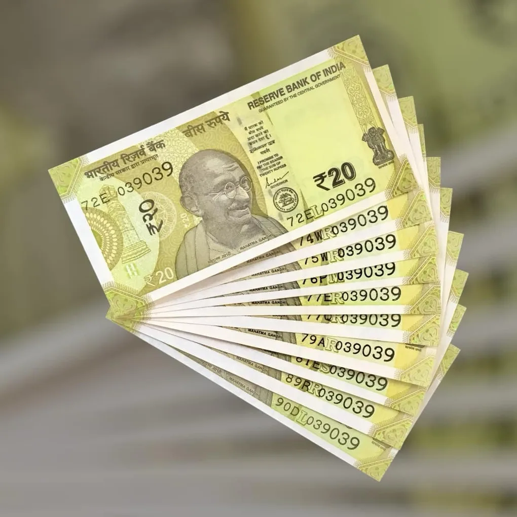 Rs 20 India Bank Note Semi Fancy 10 Note Same Number Sets 039039 Unique and Rare