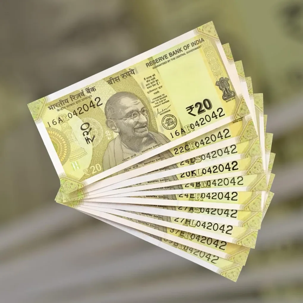 Rs 20 India Bank Note Semi Fancy 10 Note Same Number Sets 042042 Unique and Rare
